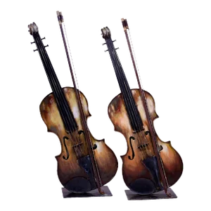Vintage Decorative Ornamental Metal Sculpture Violin With Bow - a Pair