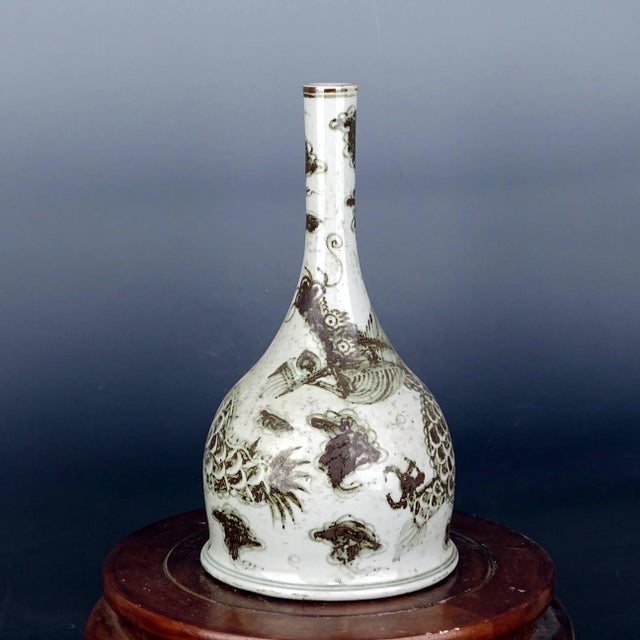 Art Deco Chinese Vintage Ceramic Vase,Blue and White Porcelain Bell-Shaped Vase Hand Painted Dragon Pattern For Sale - Image 3 of 9