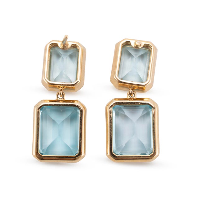Early 21st Century 14k Yellow Gold 17.01ctw Bezel Set Emerald Cut Topaz Drop Dangle Earrings For Sale - Image 5 of 9