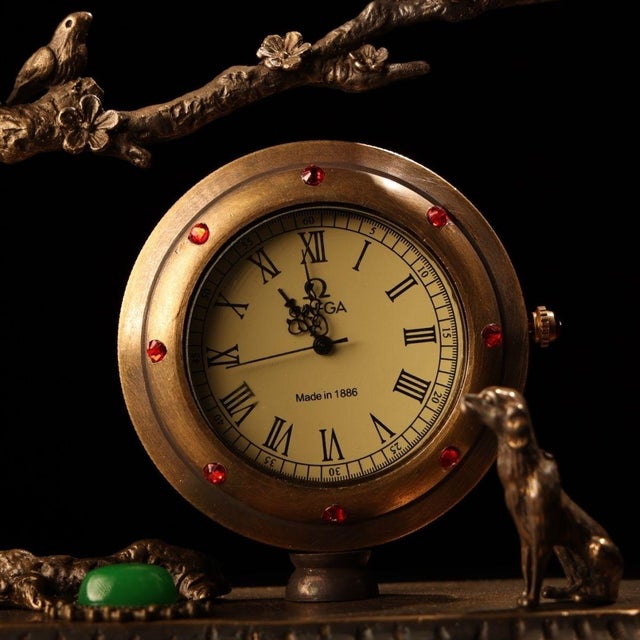 Metal Vintage Bronze Table Clock Jeweled Bird & Dog Sculptural Desk Timepiece 4.3" For Sale - Image 7 of 9