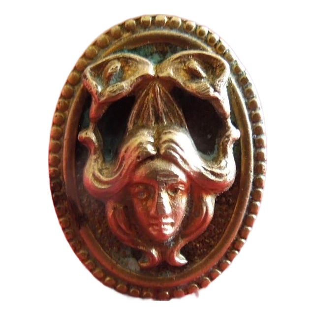 Antique Gold Art Nouveau Oval Lady Lapel Pin With Bow For Sale