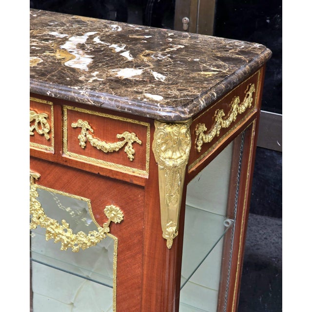 Louis XV Marquetry Bedside Cabinet With Glass Door, Marble Top & Gold Accents For Sale - Image 4 of 9