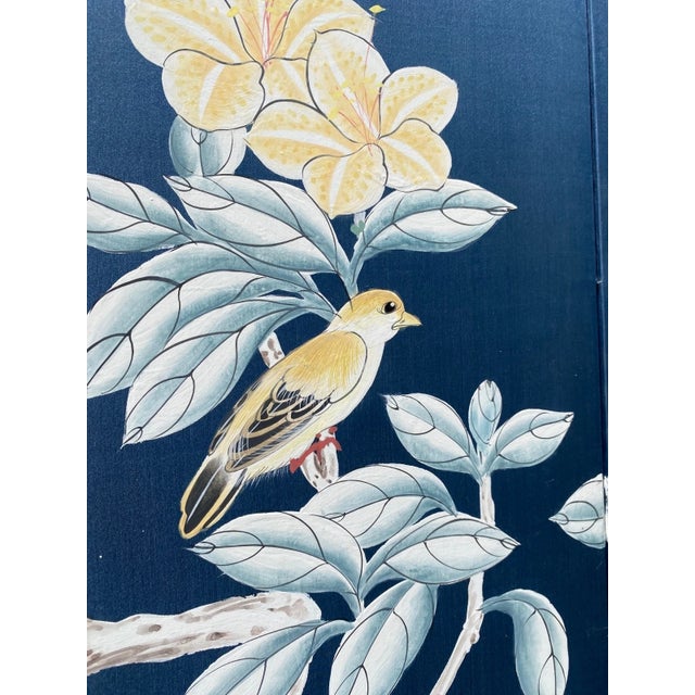 Large Vintage Hand Painted Showa Era Japanese Byobu Folding Silk Screen MCM Signed Blue Gold Floral 72" For Sale - Image 10 of 11