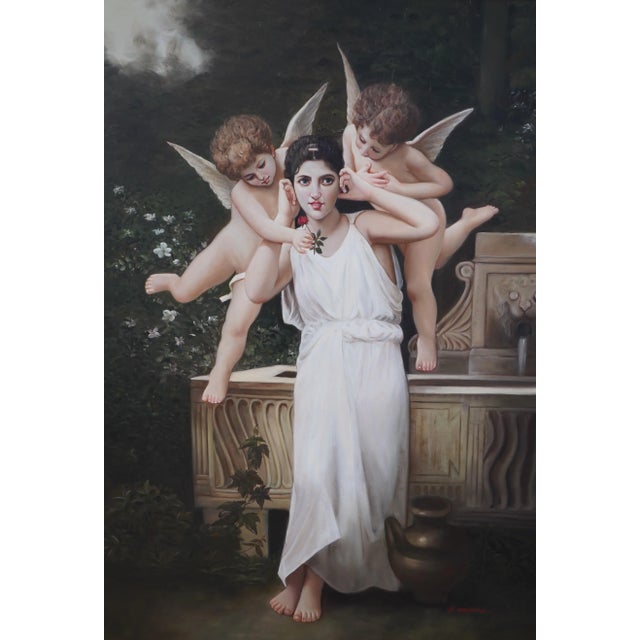 Large Framed Oil Print on Canvas of Girl & Cherubs For Sale In Philadelphia - Image 6 of 12