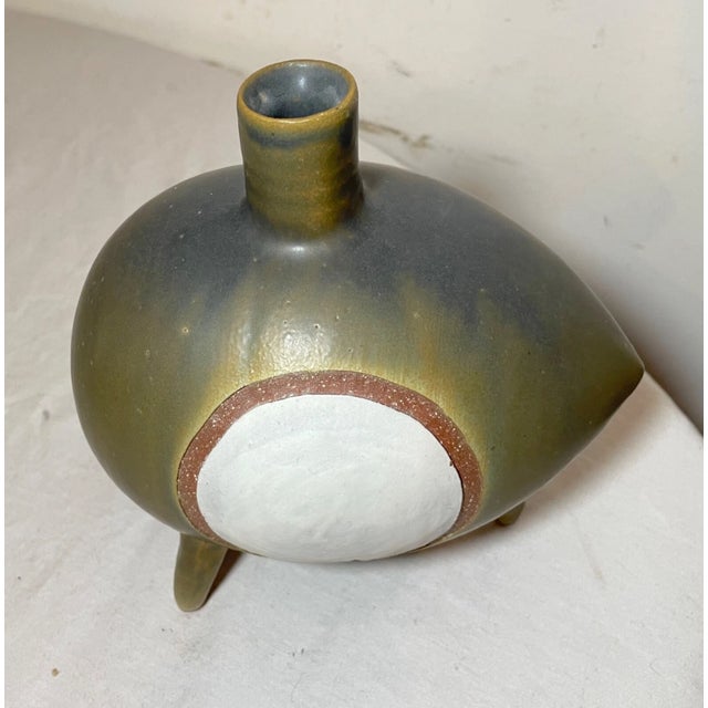 Antique Signed Japanese 3 Piece Studio Art Green Pottery Footed Vase Bowl Set For Sale - Image 18 of 18