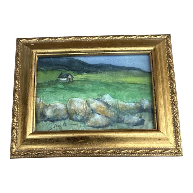 “Cottage Beyond the Stone Wall” Framed Original Landscape Watercolor by Nancy Smith For Sale