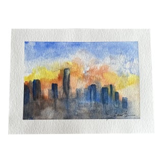 Original Watercolor Cityscape “Skyline at Sunset” For Sale