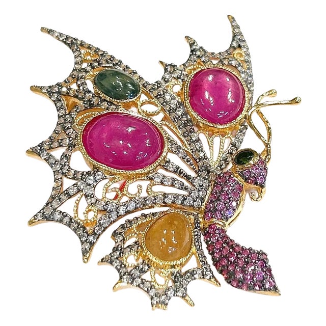 Bochic “Orient” Multi Fancy Sapphire & Ruby Brooch Set In 18K Gold & Silver For Sale