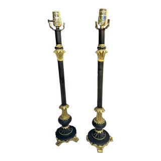 Set Two 1824 Antique French Lamps in Black Gold Neoclassical Candlestick Black and Gold For Sale