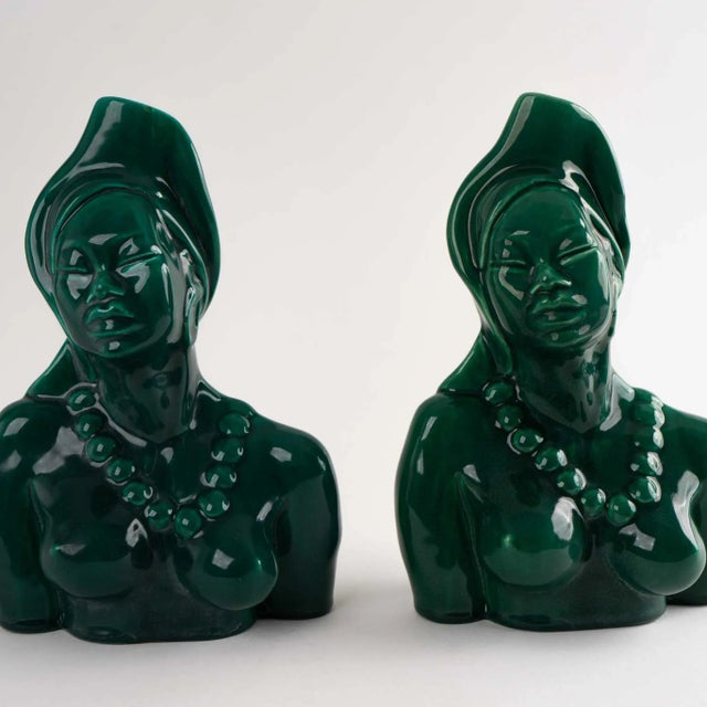 Emerald Green Ceramic Goddess Bust Figures - Pair For Sale - Image 11 of 12
