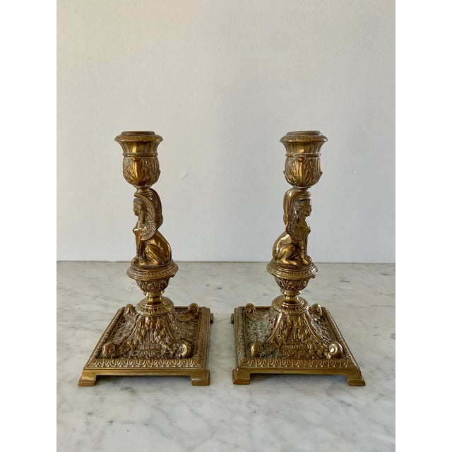 19th-Century Egyptian Revival Gilt Bronze Sphinx Candlesticks, Pair For Sale - Image 11 of 13