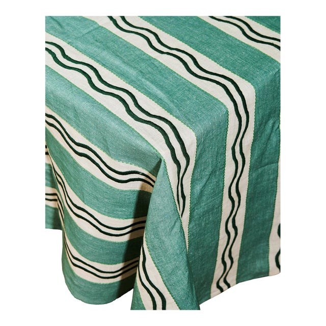 Misette Monaco Stripe Linen Embroidered Tablecloth - Long, Green 145" x 80" For Sale