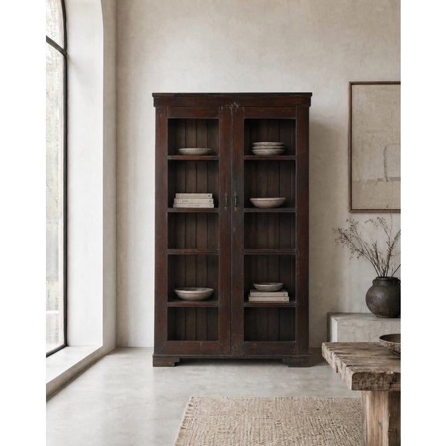1930s Antique Dark Teak Wood Cabinet | Vintage Indian Armoire | Glass Display Cabinet | Rustic Home Decor For Sale - Image 5 of 6