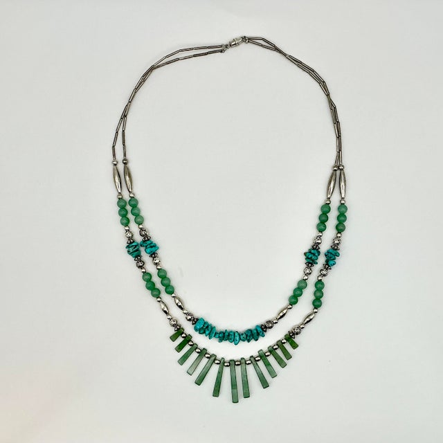 1970s Vintage Southwestern Mexican Boho Chic Double Strand Sterling, Turquoise & Jade Necklace For Sale - Image 14 of 18