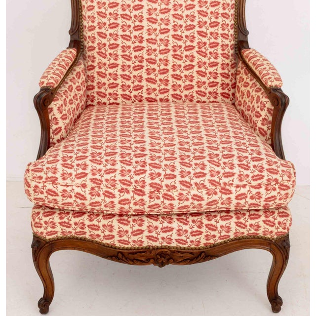 Red Pair of Louis XV Style Red and White Fabric Upholstered Walnut Bergeres For Sale - Image 8 of 13