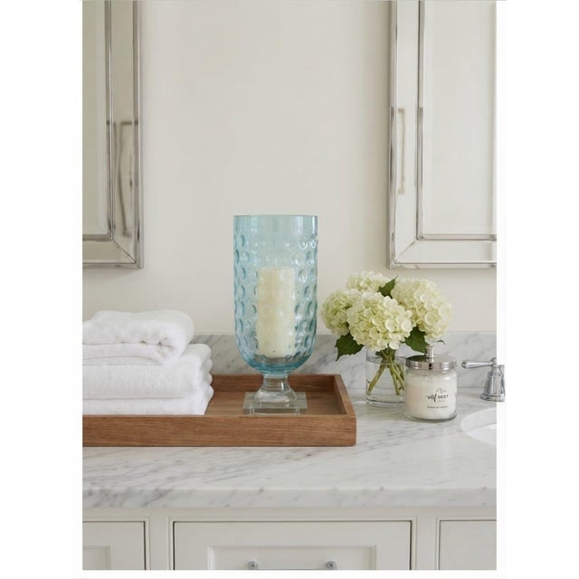2000 - 2009 Vintage Light Aqua Hobnail Glass Hurricane Lantern on Clear Pedestal Base For Sale - Image 5 of 12