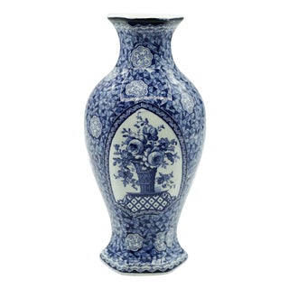 Ceramic Blue Vase with Floral Design by Franz Anton Mehlem, 19th Century For Sale