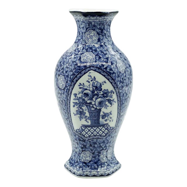 Ceramic Blue Vase with Floral Design by Franz Anton Mehlem, 19th Century For Sale