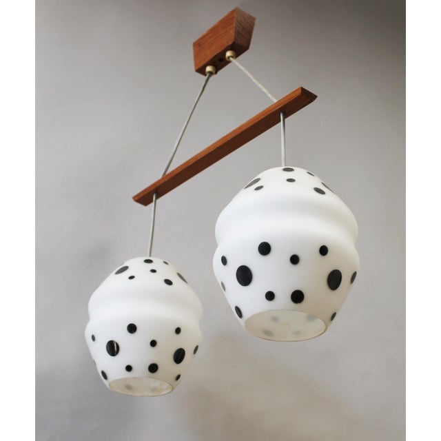 Vintage Czechoslovak Double Pendant Light in Spotted Opaline Glass and Wood, 1960s For Sale - Image 9 of 10