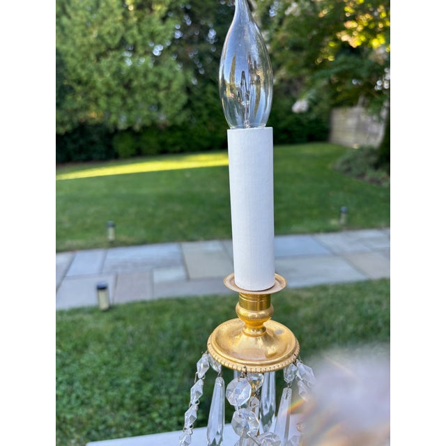 French Pair of 6 light French style brass and crystal chandeliers For Sale - Image 3 of 13