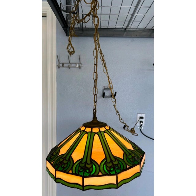 Antique Arts & Crafts j.a. Whaley & Co. Rare Mixed Slag & Stained Glass 12-Sided Swag Pendant Chandelier Lamp For Sale - Image 10 of 12