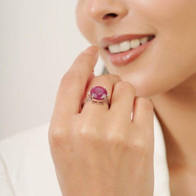 Ruby Solitaire Ring With Diamond in 925 Sterling Silver - Size 8.5 For Sale - Image 6 of 12
