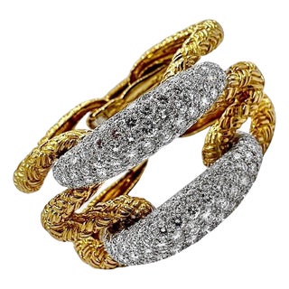 Mid 20th Century French 18K Yellow Gold & Diamond Cocktail Bracelet 1.25 Inches Wide For Sale