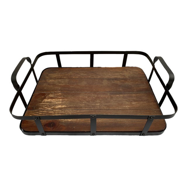 Vintage Pottery Barn Wood and Metal Serving Decor Tray For Sale