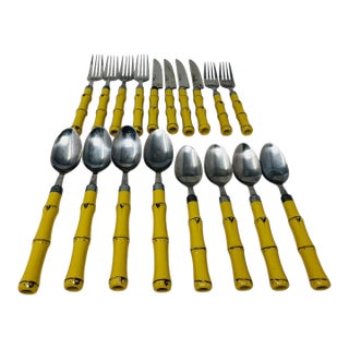Yellow Faux Bamboo Flatware Set, 18-Piece Hampton Silversmiths Cutlery, Mid-Century Modern Dining Decor, Tiki Bar Entertaining For Sale