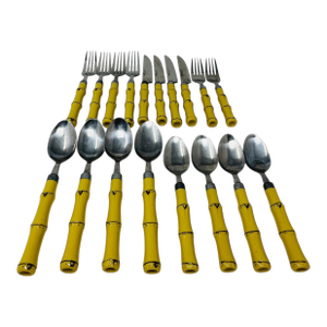 Yellow Faux Bamboo Flatware Set, 18-Piece Hampton Silversmiths Cutlery, Mid-Century Modern Dining Decor, Tiki Bar Entertaining