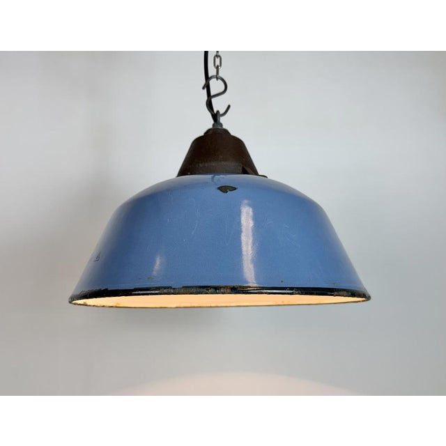 Industrial Blue Enamel and Cast Iron Pendant Lamp, 1960s For Sale - Image 10 of 18