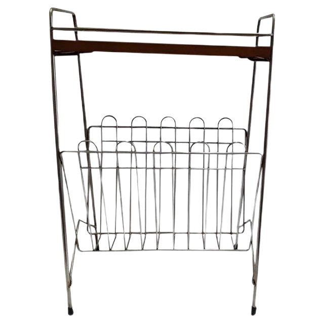 Vintage Chrome Plated Magazine Rack with Black Plastic Feet and a Cover Plate, 1970s For Sale
