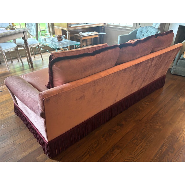 Dusty Rose Velvet Sofa With Samuel & Sons Burgundy Brush & Bullion Fringe Trim For Sale - Image 6 of 10