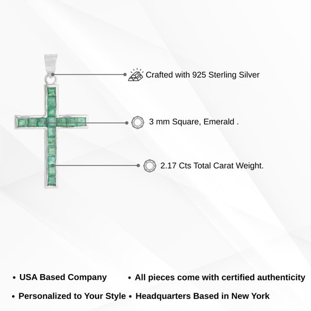 Contemporary 2.17 Ct Natural Emerald Channel Set Cross Pendant in Sterling Silver For Sale - Image 9 of 12