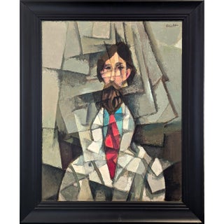 David Adickes Modern Cubist Inspired Male Portrait Painting of a Bearded Man with a Red Tie, 1990s For Sale