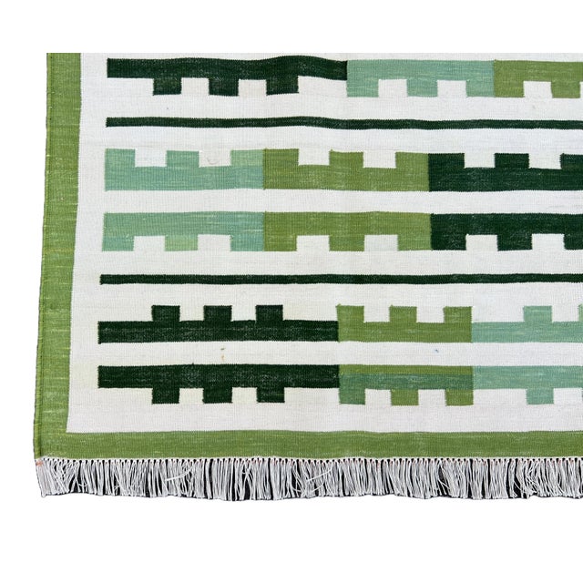 Handmade Cotton Rug, Natural Vegetable Dyed, Green and White Marianne Rug - 6'x9' For Sale - Image 9 of 13