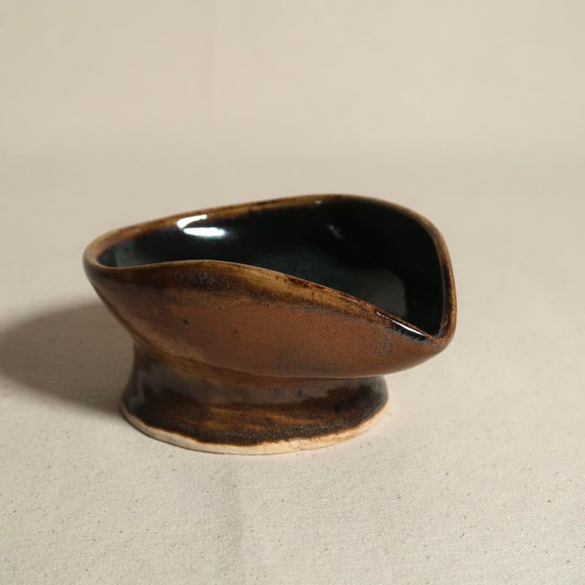 Hand-Thrown Studio Ceramic Bowl With Undulating Rim Earthy Brown and Blue Glaze on Pedestal Foot For Sale In Tulsa - Image 6 of 13
