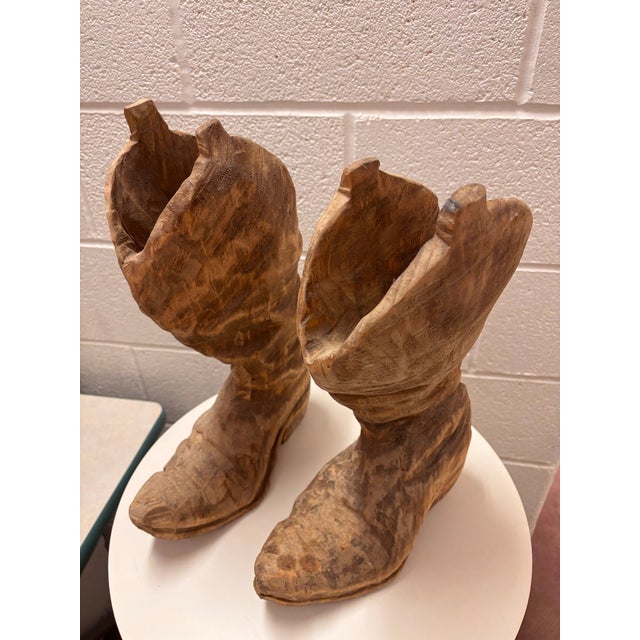 Tribal 1970s Carved Cowboy Boots, Signed by Artist - Set of 2 For Sale - Image 3 of 6