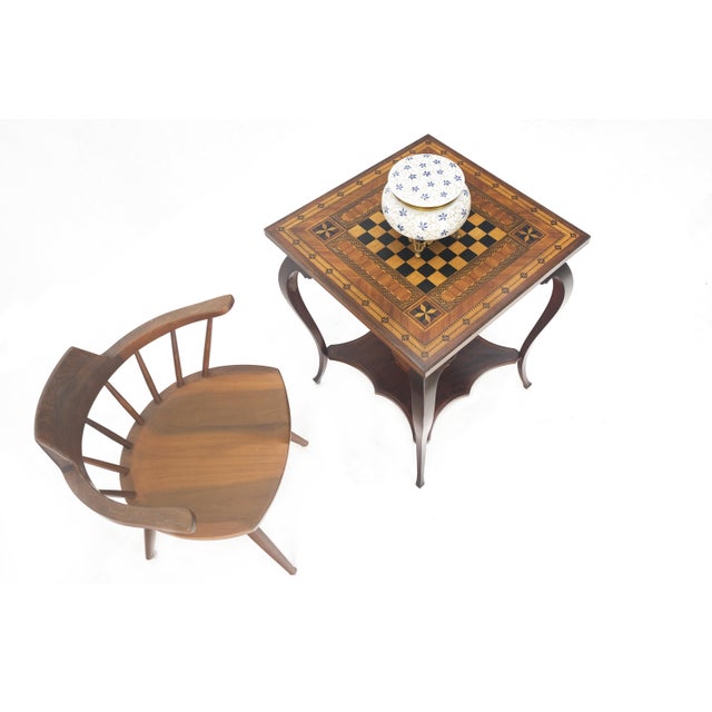Arts & Crafts Very Fine Antique Dated 1910 Inlay Checkerboard Two Tier Game Table Very Clean For Sale - Image 3 of 12