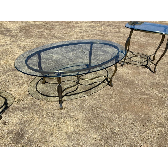 2000 - 2009 Vintage Hollywood Regency Style Oval Glass-Top Coffee Table and Side Table Set For Sale - Image 5 of 18