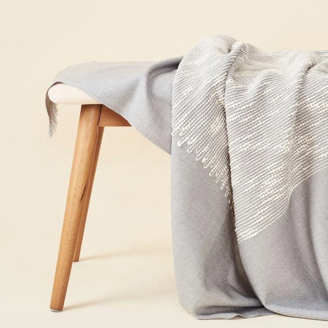 Contemporary Studio Variously Handwoven & Hand-Embroidered Merino Flo Gray Throw For Sale - Image 3 of 12