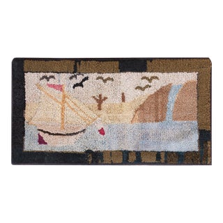 1920s Ivory Sea View Antique American Hooked Rug 1'10" X 3'4" Handknotted Wool Carpet For Sale