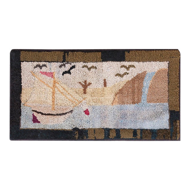 1920s Ivory Sea View Antique American Hooked Rug 1'10" X 3'4" Handknotted Wool Carpet For Sale
