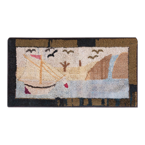 1920s Ivory Sea View Antique American Hooked Rug 1'10" X 3'4" Handknotted Wool Carpet
