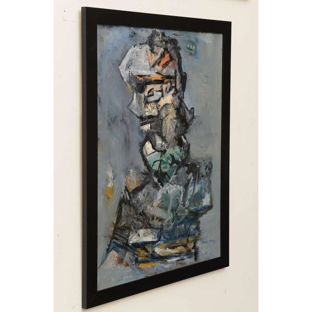 In this signed vintage Jim Dine style framed painting are muted palette of colors of blues, blacks, grays, whites dashed...