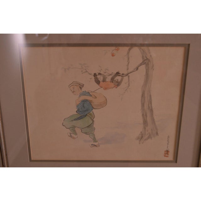 Vintage Chinese Man & Monkey Watercolor Drawing For Sale - Image 9 of 12