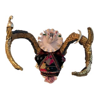 Skull Wall Sculpture With Crazy Quilt and Vintage Media For Sale