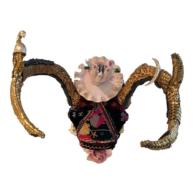 Skull Wall Sculpture With Crazy Quilt and Vintage Media For Sale