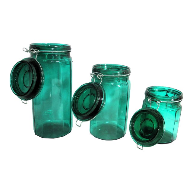 Mid 20th Century Mid-Century Modern Locking Top Green Glass for Pickling Storing - Set of 3 For Sale