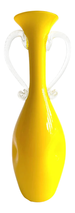 Vintage Mid Century Modern Empoli Italy Lemon Yellow Large Art Glass Tall Double Handled Dimple Bottle Vase